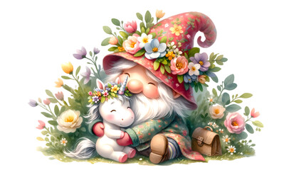 Watercolor gnome and unicorn on white background.
