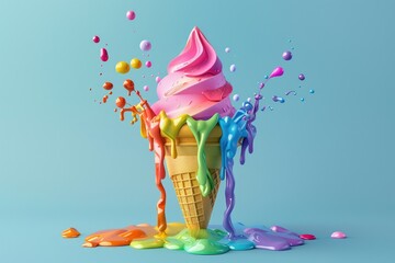 Vibrant Melting Rainbow Ice Cream Cone - Artistic Interpretation - Generative AI