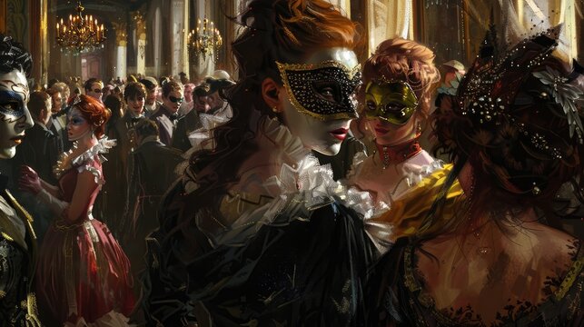 Masked ball. Everyone wears elegant evening clothes and their faces are covered with various masks during the evening. Generative AI