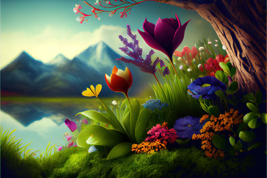 Spring background with flowers. AI render.