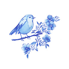 Blue robin bird sitting on a branch in Toile de Jouy fabric style. Hand drawn monochrome watercolor painting illustration isolated on white background - 745708395