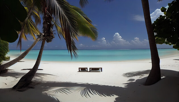 A picture of Maldives with a tropical beach and palm. Ai generated.