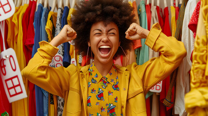 Cheerful ethnic woman with Afro hairstyle clenches fists, stands between bright clothes on racks, celebrates sale, poses in boutique store, chooses new outfit. Row of cloth. Fashion concept.