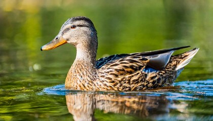 Fototapeta premium Wild brown duck swimming in pond or lake. Domestic farm bird.