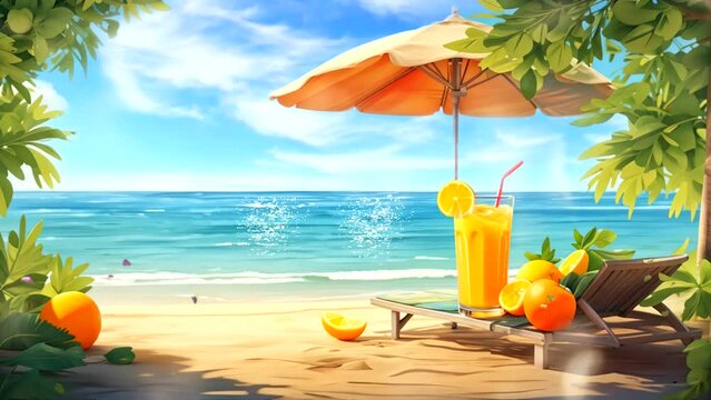 Summer Beach Paradise: The Refreshing Pleasure of Watermelon and Orange Juice. Seamless looping 4k video Animation background