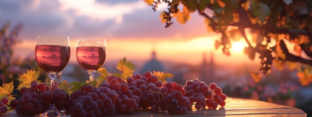 Soft Focus Sunset with Wine for Two - obrazy, fototapety, plakaty