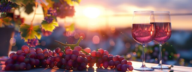 Rosé Sunset with Grapes and Bokeh - obrazy, fototapety, plakaty
