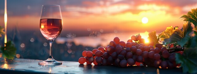 Sunset Bokeh with Wine and Grapes - obrazy, fototapety, plakaty