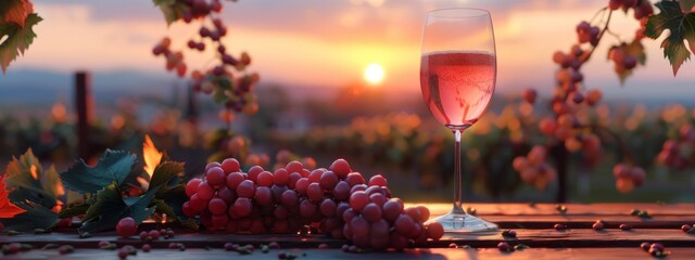 Vineyard Sunset with Wine Glass - obrazy, fototapety, plakaty