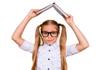 Omg! Back to school! Close up photo portrait of sweet lovely upset sad girt covering head with opened notebook holding above head wearing white stylish blouse isolated bright background