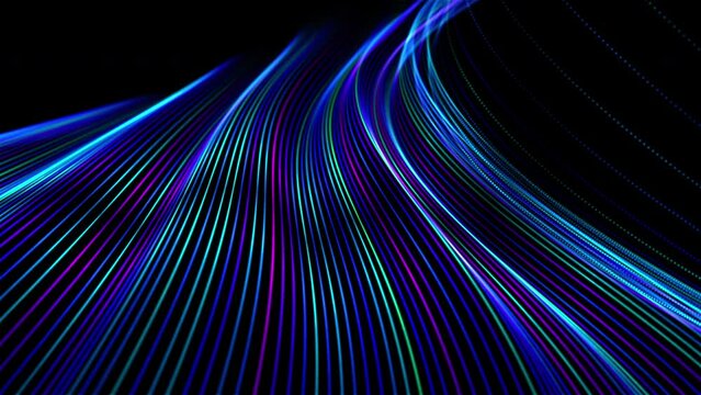 Wave motion of bright colored lines on black background. Abstract concept of blockchain technology, digital sound wave and artificial intelligence network. 4K video of wave movement of vibrant curves