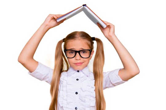 Omg! Back to school! Close up photo portrait of sweet lovely upset sad girt covering head with opened notebook holding above head wearing white stylish blouse isolated bright background - Powered by Adobe