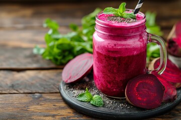 A vibrant beetroot smoothie topped with chia seeds in a mason jar, with fresh beets in the backdrop - obrazy, fototapety, plakaty