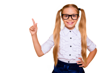 Answer analyze ponder question concept. Close up studio photo portrait of cute charming adorable lovely intellectual girl having good great idea isolated vivid shine background