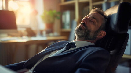 Handsome middle aged businessman sitting in the chair in the office workplace or workspace interior and sleeping. Tired and overworked employee, lazy male corporate worker napping indoors, sunlight - obrazy, fototapety, plakaty