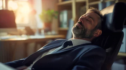 Fotobehang Handsome middle aged businessman sitting in the chair in the office workplace or workspace interior and sleeping. Tired and overworked employee, lazy male corporate worker napping indoors, sunlight © Nemanja