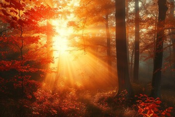 The autumn forest unveils its beauty during the serene moments of the vivid morning