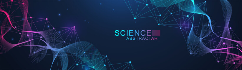 Modern abstract molecules structure for science or medical background. DNA helix or atom visualization. Molecular wave flow abstract background. Vector illustration