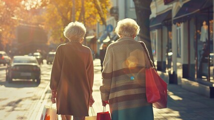 two old ladies with the 70's fashion look, going shopping 