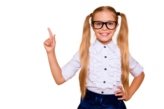 Answer analyze ponder question concept. Close up studio photo portrait of cute charming adorable lovely intellectual girl having good great idea isolated vivid shine background