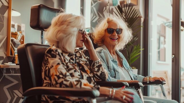 two happy old ladies  in a modern beauty salon