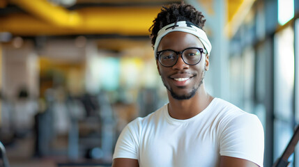 Young African American man wearing white headband, t shirt and glasses, standing in the modern gym room interior, looking at the camera and smiling. Black skinned male workout indoors, training