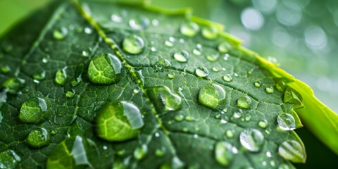 Macro view of a green leaf adorned with large, transparent rainwater drops
