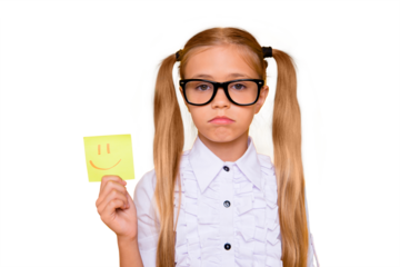 It's not interesting! Boredom courses pessimism concept. Close up photo portrait of upset pessimistic depressive gloomy negative girl holding positive sticker isolated bright background