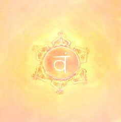 Second chakra raster illustration of Svadhishthana - Sacral chakra on watercolor background. Circle mandala pattern - 745710585