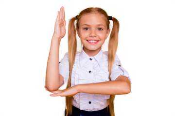Elementary primary junior intellectual schoolkid concept. Close up photo portrait of clever nice cheerful excited cute adorable in white collar formal wear blouse holding hand up isolated background