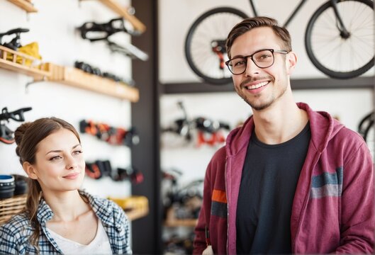 Customer choosing goods in a bicycle shop.