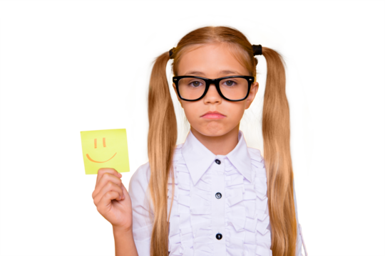 It's not interesting! Boredom courses pessimism concept. Close up photo portrait of upset pessimistic depressive gloomy negative girl holding positive sticker isolated bright background