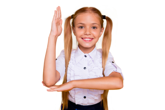 Elementary primary junior intellectual schoolkid concept. Close up photo portrait of clever nice cheerful excited cute adorable in white collar formal wear blouse holding hand up isolated background - Powered by Adobe