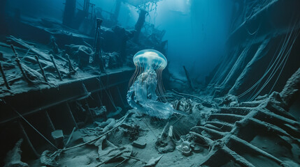 Translucent Jellyfish and Sunken Ship - obrazy, fototapety, plakaty