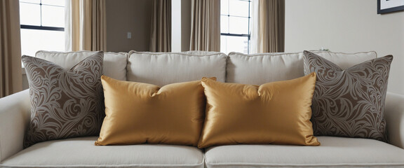 Closeup of new sofa comforter monocolor earthtone contemporary interior style with decorative pillows, headboard in living room in staging model home