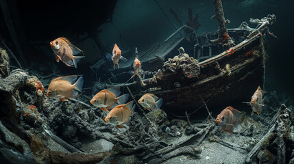 Fish and Sunken Ship's Frame - obrazy, fototapety, plakaty