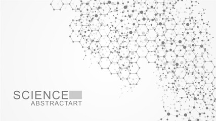 Modern science background with lines, dots and hexagons. Wave flow abstract background. Molecular structure for medical, technology, chemistry, science. Vector illustration