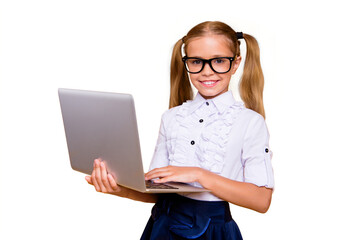 E-studying online education career collar formal wear social network concept. Close up photo portrait of pretty clever excited enthusiastic girl holding netbook hands isolated bright color background