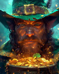 banner or card for st. patrick's day. leprechaun holding a pot filled with gold