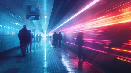 Commuters Silhouetted Against Vibrant Light Trails in Modern Subway Station