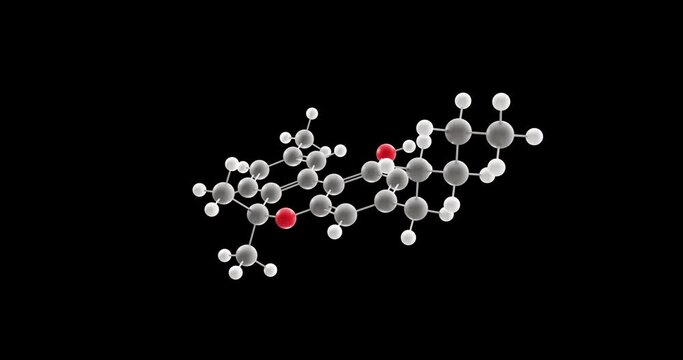 Cannabinol molecule, rotating 3D model of psychoactive cannabinoid, looped video on a black background