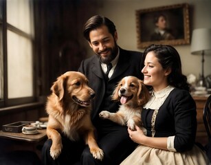 Vintage family portrait of a joyful husband and wife with their 2 dogs