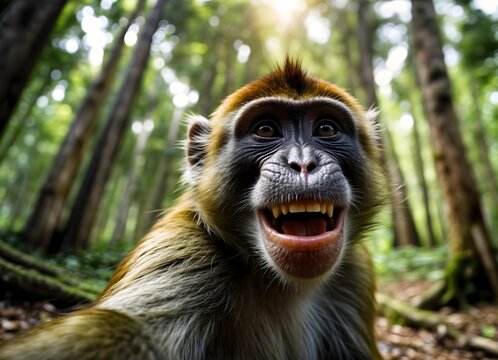 A macaque monkey takes a selfie in a forest full of trees