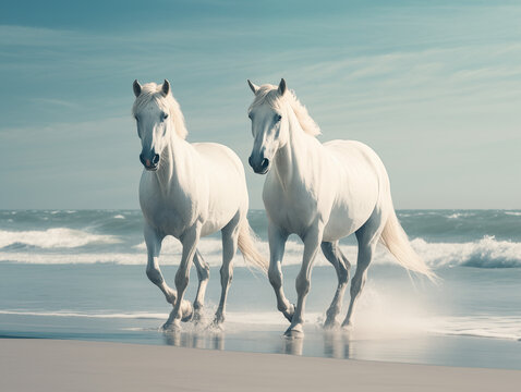 white horses galloping on the beach, blue sky and sea landscape