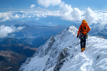 Hiker trekking a snow-covered mountain peak in the Swiss Alps, with a breathtaking winter landscape panorama