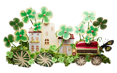 Clover Day Parade with Clover-Adorned Floats Isolated on Transparent Background PNG.