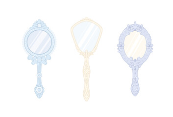Set of vintage decorated mirrors. Retro feminine items. Women's elegant attributes. Vector illustration