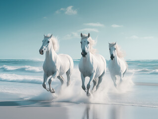 white horses galloping on the beach, blue sky and sea landscape