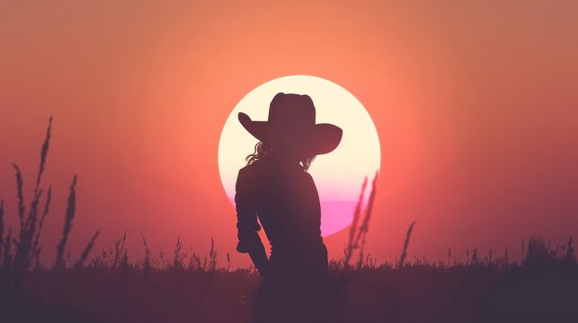 Cowgirl in Shadow with Sunset Background - Country Rock Woman Silhouette Cover Illustration Wallpaper created with Generative AI Technology