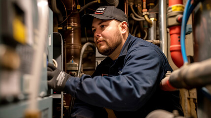 Fototapeta na wymiar Professional Technician Servicing Heating System in Mechanical Room